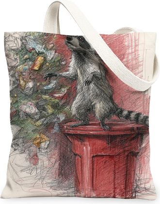 Generic Christmas Raccoon Canvas Tote Bags, Cute Animal Design Reusable Bags, Holiday Fanciful Lightweight Washable Shoulder Strap, Beige, 13x15 Inch