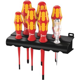 Wera 05006480001 160 iS/7 Assortimento di giravite Kraftform Plus serie 100 + tester di fase unipolare + supporto, 7 pezzi - Wera