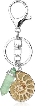 Generic Natural Ammonite Fossil Spiral & Fluorite stone Geology Keychain/Keyring with Silver Finish (Green Stone)