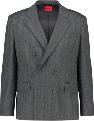 HUGO BOSS Karlo Visgraat Double Breasted Blazer - Heren - Blazers - Grijs - M - Leer - Jassen