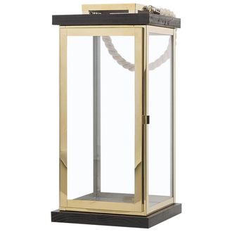 Beliani Beliani - Linterna Portavelas De Madera Negra Y Metal Dorado 41 Cm Candelabro Con Asa De Cuerda Borneo