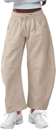 Generic Womens Barrel Leg Trousers High Waisted Barrel Sweatpants with Pockets Casual Wide Leg Drawstring Waist Curved Sports Baggy Pants