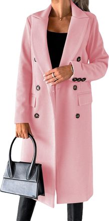 Generic Womens Elegant Wool Coat Dressy Overcoat Long Double Breasted Trench Pea Coat Warm Winter Outerwear Pink-3 Medium