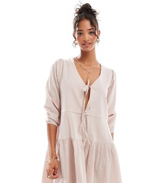 Esm&eacute;e linen mix long sleeve tiered mini tie front beach dress in oat-White