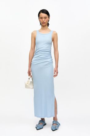 Ganni Soft Chambray Blue Cotton Rib Tank Top Long Dress - Size XS Elastane