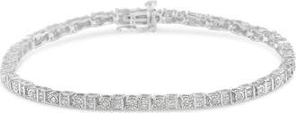 House of Brilliance 925 Sterling Silver 1.0 Cttw Round & Baguette Cut Diamond 7 Alternating Round and Square Station Tennis Bracelet