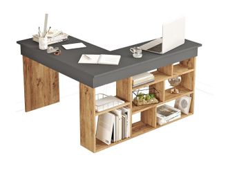 Vente-Unique Escritorio de esquina con compartimentos - Color: antracita y natural - LILEUL