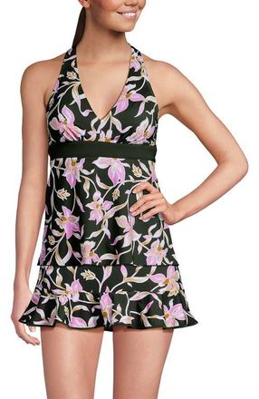 Lands End D-Cup V-Neck Racerback Flutter Tankini in Tropic Floral/rich Olive at Nordstrom, Size 18