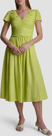 DKNY Ruched Bodice Linen Blend Midi Dress in Limeade at Nordstrom, Size X-Small