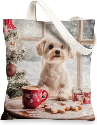 Generic Winter Christmas Maltese Dog Canvas Tote Bag for Shopping 13x15, Gingerbread Xmas Puppy Reusable Grocery Print Pattern Bag for Women Men, Pet Aestheti