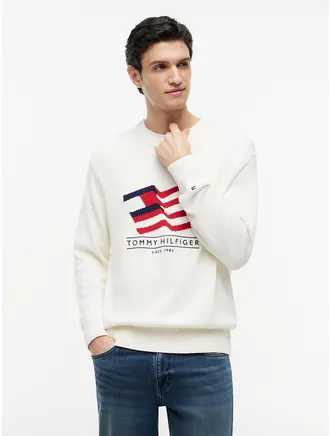 Tommy Hilfiger Mens Relaxed Wavy Flag Logo Crewneck Sweater - Ivory Petal - XXL