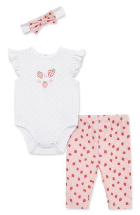 Little Me Strawberry Bodysuit, Leggings & Headband Set in Pink at Nordstrom, Size 12M