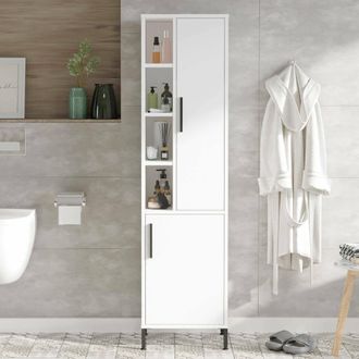 Dmora Armario Multiuso 2 Puertas Jongdari, Perchero, 7 Estantes, Abertura Abatible, 45x174h Cm Blanco