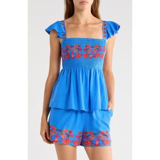 Sugarlips Isela Smocked Flutter Sleeve Top in Blue-Red-Multi at Nordstrom, Size X-Small