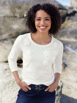 Heine 3/4-Arm-Shirt HEINE Shirt, Damen, Gr. 34, beige (ecru), 95% Baumwolle, 5% Elasthan, gebl&uuml;mt, gemustert, unifarben, Rundhals, Shirts 3/4-Arm-Shirt