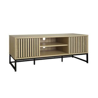 Sweeek Mueble tv 2 puertas de madera ranurada y metal negro 120, natural