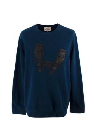 Herm&egrave;s Navy Sweatshirt with Black Leather Detail Size XXL