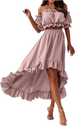 Generic Womens Solid Color Line Neck Sexy Waist Top with Puffy Sleeves and Long Skirt Control Bathing Suit Outfit Elegant Summer Beachwear Two Piece Set for W