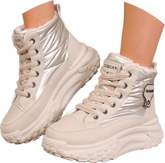 Generic Platform Winter Shoes for Women Warm Casual Sneakers Lightweight Lace Up High Top Chunky Hiking Shoes Womens Snow Boots Outdoor Fleece Lined Anti Slip