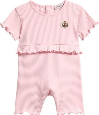 Moncler Ruffle Trim Rib Cotton Romper in Light Pink at Nordstrom, Size 12-18M