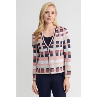 Ming Wang Heritage Jacquard Colorblock Knit Cardigan in Sunkist Coral/indigo/tan at Nordstrom, Size X-Small P