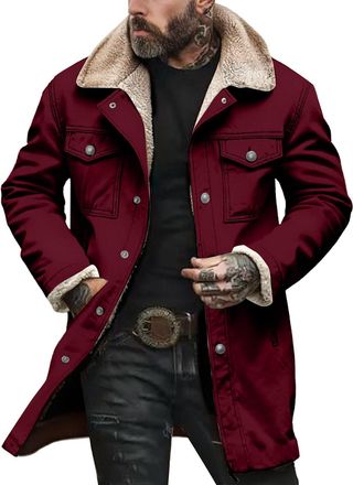 Generic Mens Winter Jackets Long Coats Trucker Jacket Sherpa Fleece Lined Parka Coat with Pockets Casual Oversized Mid Length Trench Coats Cargo Jacket Button