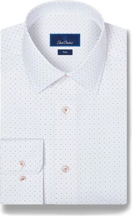 David Donahue Trim Fit Stretch Micro Neat Dress Shirt in White/purple at Nordstrom, Size 18.5