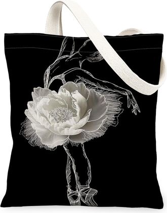 Generic Ballet Floral Canvas Tote Bags, Flower Dance Pattern Reusable Grocery Bags, Spring Artistic Lightweight Washable Canvas for, Black, 13x15 Inch