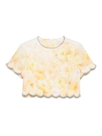 Zimmermann Short Top In Yellow Linen With Floral Print