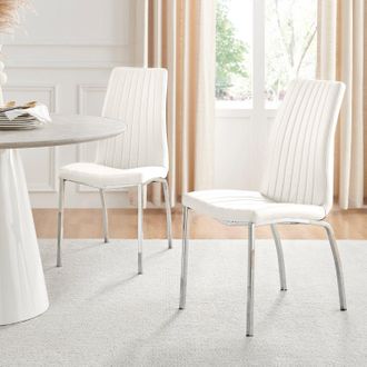 Furniturebox Set of 2 Isco Deep Cushioned Soft Touch Faux Leather Dining Chairs With Silver Chrome Metal Legs in White