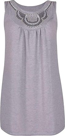 Purple Hanger New Ladies Long Beaded Diamante Sleeveless T-Shirt Tops Womens Scoop Neck Stud Bead Vest Top Plus Size (26-28, Grey)