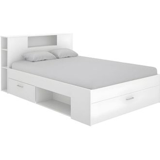 Vente-Unique Vente-unique - Letto matrimoniale alla francese con testiera portaoggetti e cassetti 140 x 190 cm Bianco - leandre