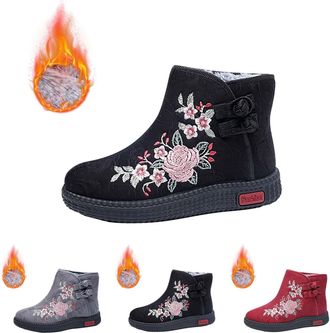 Generic Womens Buckle Ankle Boots Womens Floral Boots Retro Flower Printed Shoes Chunky Platform Shoes Winter Thicken Booties Round Toe Warm Boot Non Slip Fle