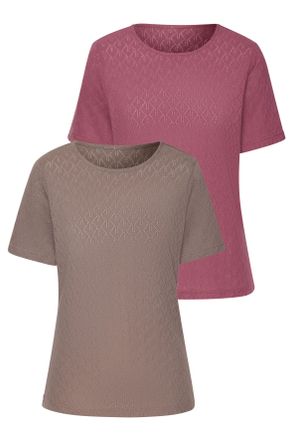 Vivance Kurzarmshirt VIVANCE mit modischem Ajour-Muster, Damen, Gr. 36/38, beige (taupe, beere), Feinstrick, Obermaterial: 60% Baumwolle, 40% Polyester, figur