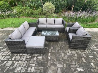 Fimous Outdoor Lounge Sofa Set Wicker PE Rattan Garden Furniture Set with 2 Armchair Oblong Coffee Table Big Footstool Dark Grey Mixed