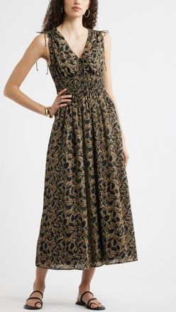 Nordstrom Print Smocked Waist Sleeveless Maxi Dress in Black- Tan Leaf Global at Nordstrom, Size Xx-Large