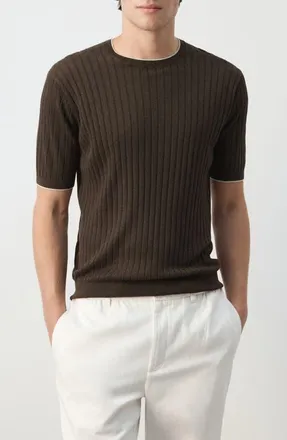 Mango Linen Blend Rib T-Shirt in Brown at Nordstrom, Size Medium