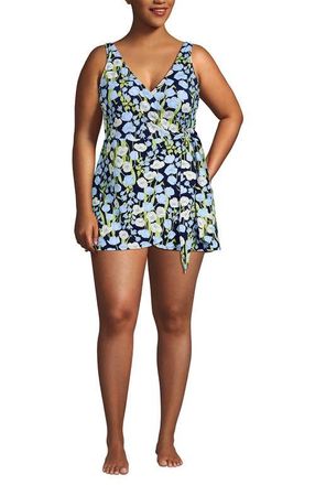 Lands End Side Tie Mini Swim Dress Swimsuit in Deep Sea Navy Poetic Floral at Nordstrom, Size 22W