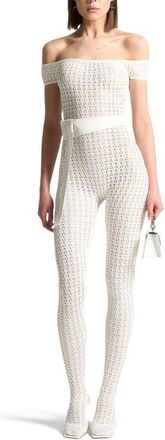 Mani&egrave;re De Voir Martine Pointelle Knit Bardot Jumpsuit with Belt in Cream at Nordstrom, Size Medium