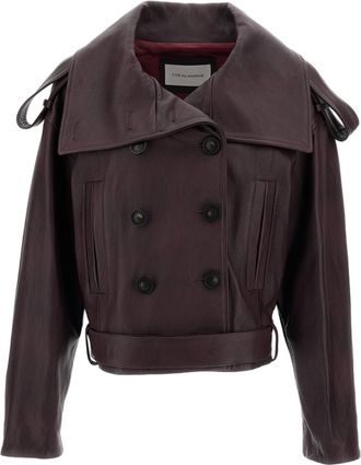 7 For All Mankind High-Neck Double-Breasted Short Jacket in Nappa Leather
