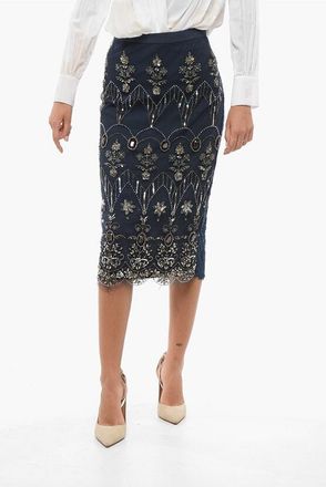 Elisabetta Franchi Longuette in Pizzo con Ricamo e Cristalli taglia 40