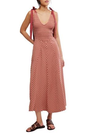 Free People Cecelia Stripe Tie Shoulder Midi Dress in Burnt Henna Combo at Nordstrom, Size X-Large