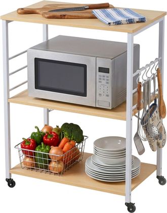 Relaxdays Carro De Cocina Relaxdays, 3 Estantes, 6 Ganchos En S, 89 X 60 X 40 Cm, Mdf Y Acero, Natural/blanco