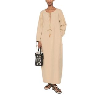 Tory Burch Linen Kaftan - female - Tory Burch - Maxi Dresses - Beige - M - Dresses
