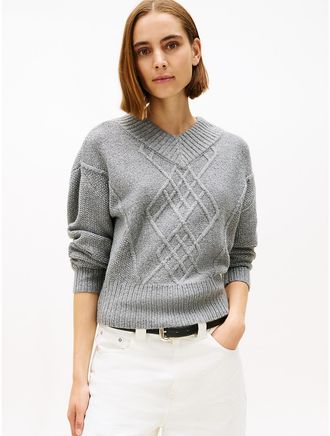 Tommy Hilfiger Womens Cable Knit Shimmer V-Neck Sweater - Medium Grey Heather - XS