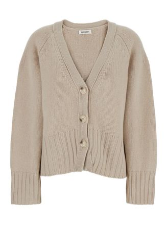 Soft Goat Beige Cardigan With V Neck And Ribbed Trims In Cashmere Woman
