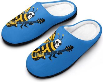 Generic Cute Bee Playing Electric Guitar Funny Mens Cotton Slippers Soft Non-Slip Rubber Sole House Slipper Indoor Outdoor