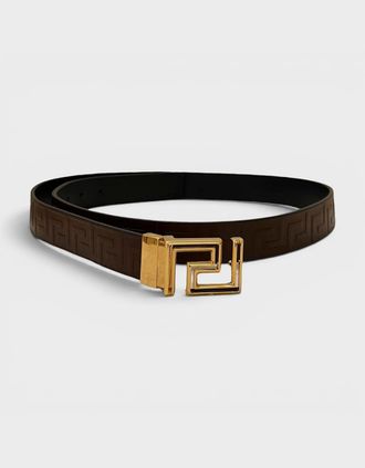 Versace Mens Logo Belt Calf Leather Chocolate Black Gold - Size: 95CM