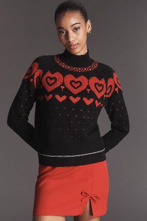 Maeve Mock-Neck Metallic Heart Icon Sweater