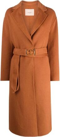 Twinset Ovaal Geriemde Jas Stijl 232Tp 2013 - Dames - Jas met riem - Bruin - L - Wol - Jassen